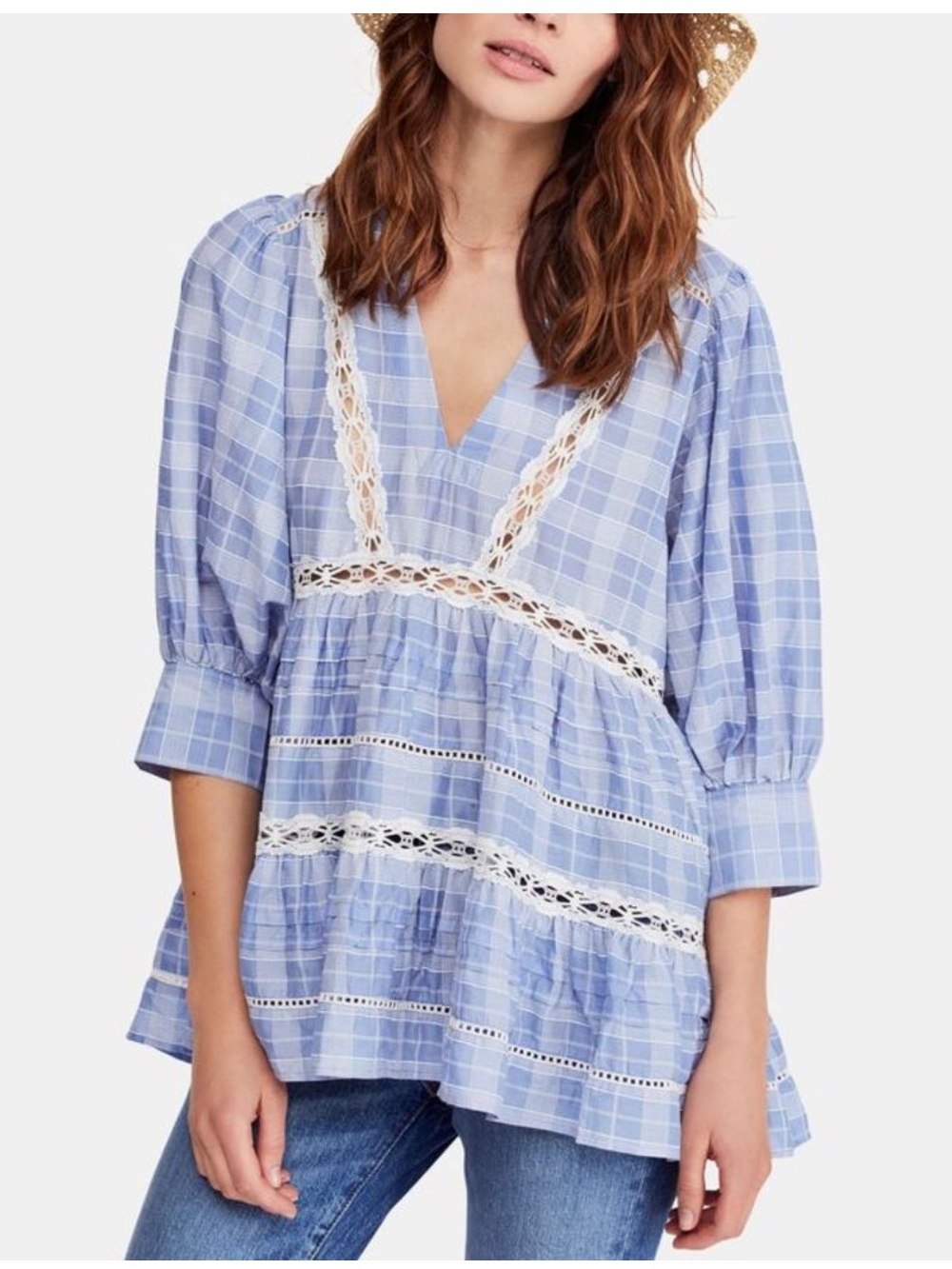 Free People Time Out Plaid Lace Trim Tunic Blue